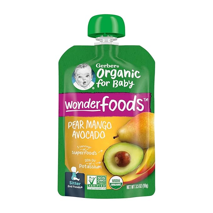 Gerber Stage 2 Baby Food, Organic Pear Mango Avocado, Baby Food Pouches, Puree, 12PK