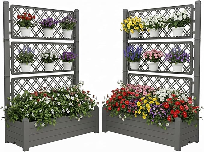 5.3' Tall Raised Garden Bed with Trellis, Outdoor Resin Plant Stand Planter Box with Drainage Plug for Veg/Fruits/Herb/Flower Best Choice for Backyard, Patio, Balcony (Coffee, 2 Pack)