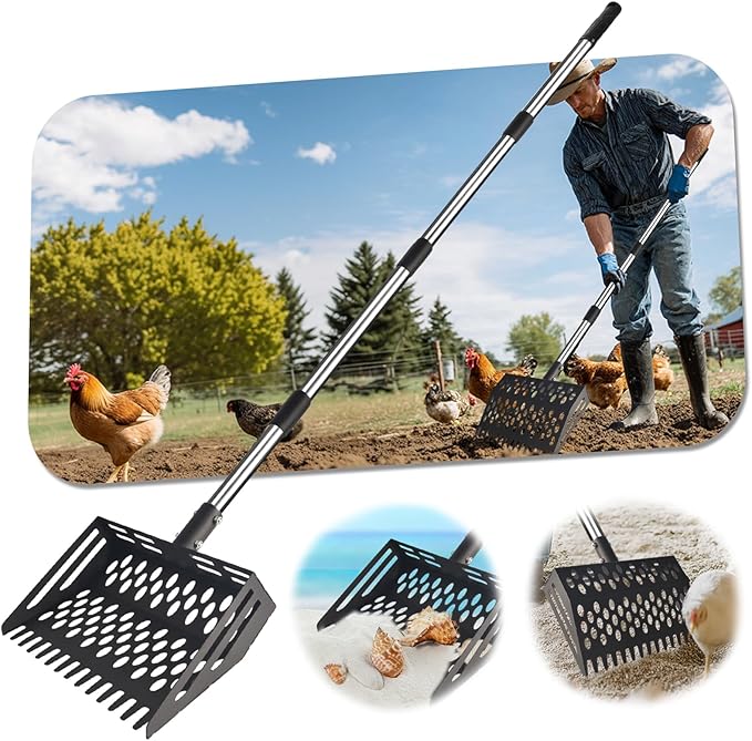 Chicken Poop Scooper & Rake, 2-in-1 Heavy Duty Metal Chicken Coop Scoop with Adjustable Length (36"–65"), Poultry Litter Tools Scooper Sand Sifting Shovel for Chicken Coops Animal Farms & Poultry Run