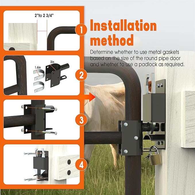 2 Way Farm Gate Latch Heavy Duty - Fence Gate Latch for Metal Gates with Padlock, Anti-Sag Two Way Livestock Fence Gate Latch Hardware for Horse Corrals, Ranches, Pastures, Pet Cages, Stables