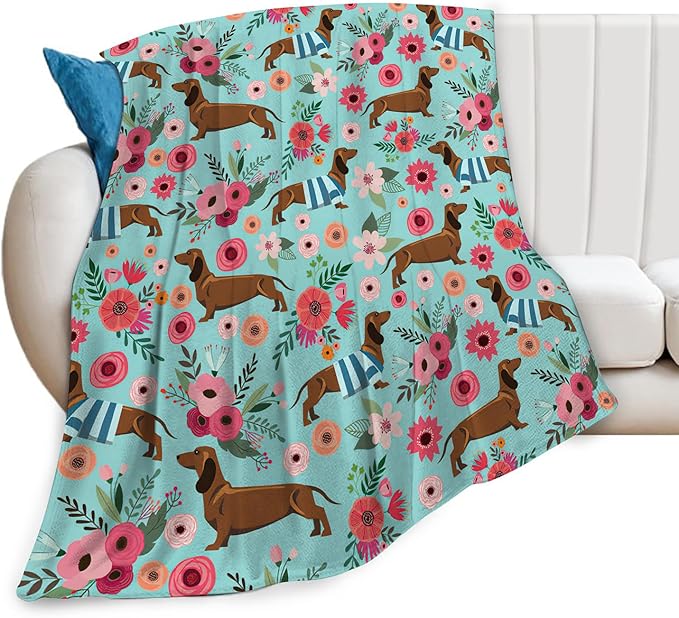 Dachshund Blanket Decor Gifts for Dachshund Lover Flannel Fleece Fuzzy Throw Blanket Soft Warm Cozy Plush Floral Blanket for Bed Couch Living Room Stuffed Decoration for Women Kids Adult 60"x50"