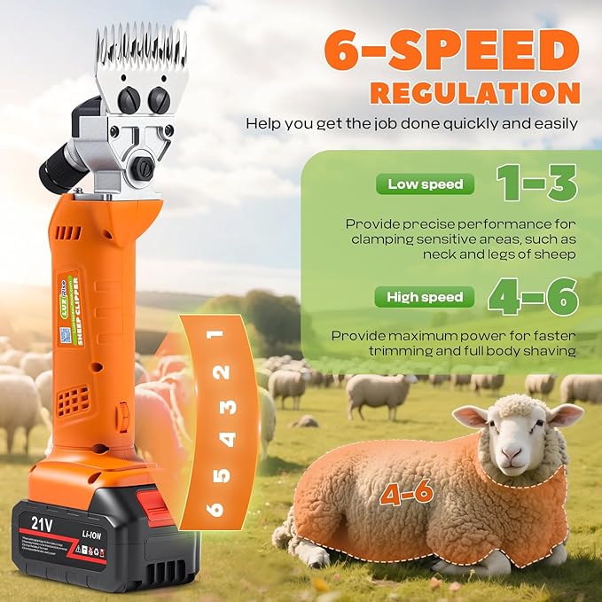 Sheep Shears Cordless 550W 2400RPM Rechargeable Sheep Clipper Professional Animal Clipper, 6-Speed Adjustable with 2x 4000mAh 21V Lithium Batteries for Sheep, Goat, Cattle, Livestock (110V, Orange)