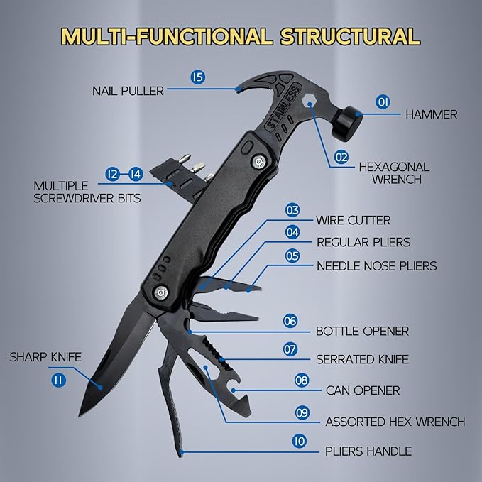 Multi-Functional Safety Hammer Multitool – 15-in-1 Heavy Duty Emergency Tool Kit – Camping, Hiking, Fishing, Car Rescue Gear – Christmas Gifts, Father's Day and Birthday Gift for Dad