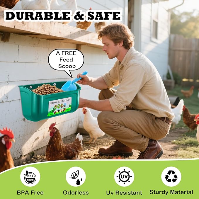 3 Pack Chicken Feeder, Duck Feeder Supplies, Hanging Fence Feed Trough with Clips for Goat, Sheeple, Piglet, Gooses, Turkeys, Dog Livestock Poultry, 8 Quarts in Total, Feed Scoop Included, Green