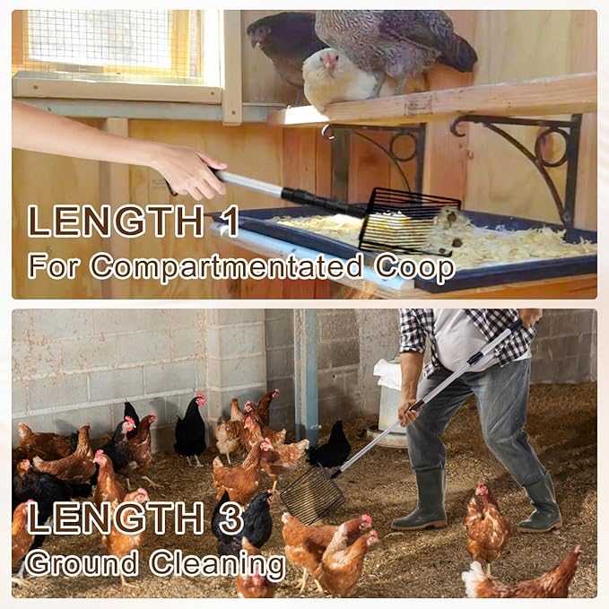 Chicken Coop Accessories Stretchable Metal Chicken Poop Scooper Sifting Poop Shovel Tools for Cleaning (3 in 1)
