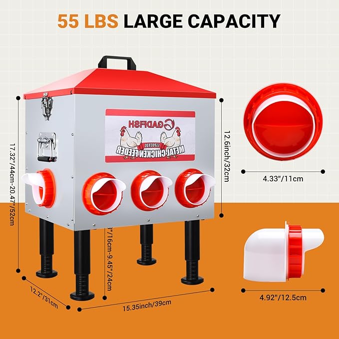 GADFISH 55LBS Large Capacity Automatic Chicken Feeder - 8 Feeding Ports, Anti-Waste Design, Height-Adjustable Legs & Secure Locking Lid for Chickens, Ducks & Poultry