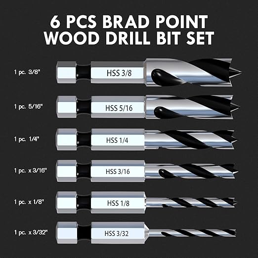 Stubby Brad Point Wood Drill Bit Set, 6pcs Hex Shank Short Length Drill Bit Set with Double Flutes Design for Carpenter Woodworking and All Types of Wood (3/32" - 3/8")