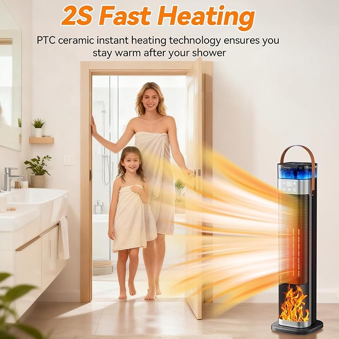 Tower Space Heater, Portable Electric Space Heaters for Indoor Use with Thermostat,Spray Humidification,3D Simulated Charcoal Flame,Remote,2000W PTC Ceramic Fast Safe Heating for Bedroom Home Office