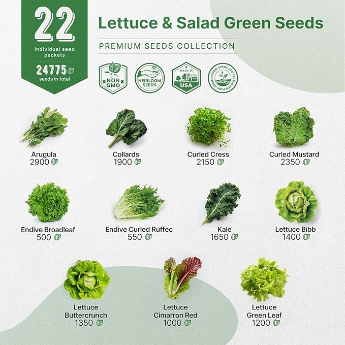 Organo Republic 22 Lettuce & Salad Greens Seeds Variety Pack 24,700+ Non-GMO Heirloom Lettuce Seeds for Indoor & Outdoor Garden, Hydroponics, Aerogarden - Arugula, Kale, Spinach, Swiss Chard, Lettuce