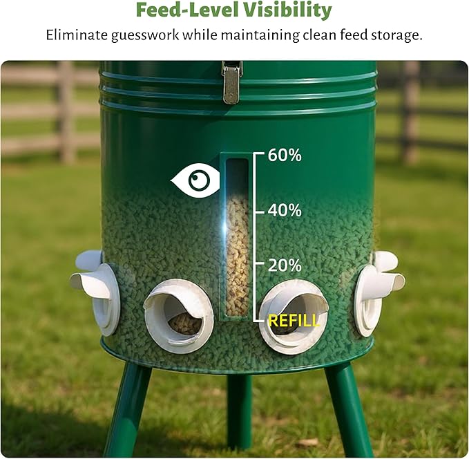 KOL 50 LB Large Free Standing Chicken Feeder, Portable Gravity Chicken Feeder Automatic, Dispenser, 8 Feeding Ports Poultry Feeder for Chicken Rooster & Hen (Green)