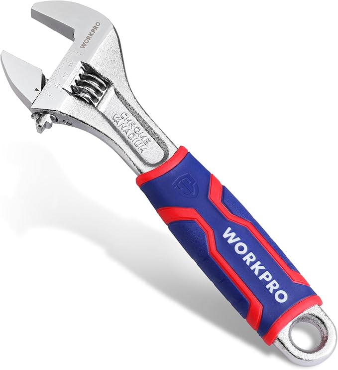WORKPRO 8-inch Adjustable Wrench, Wide Jaw Opening Wrench with Rubber Anti-slip grip, Metric/SAE Scales, Premium Cr-V Steel, Chrome Plated