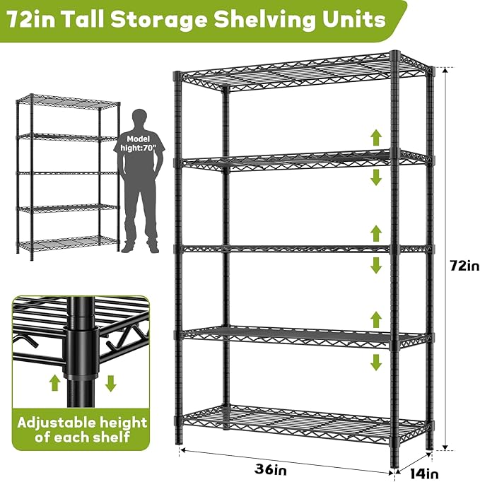 Storage Shelves, 36" L x 14" W x 72" H Heavy Duty Garage Wire Shelving Unit Loads 1750LBS, 5-Tier Adjustable Metal Industrial Utility Shelf Rack for Kitchen, Laundry Room, Basement