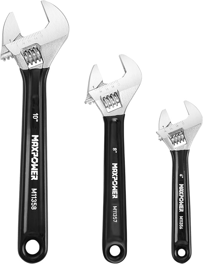 MAXPOWER Adjustable Wrench Set, 3-Piece Adjustable Wrenches 6-inch, 8-inch, 10-inch, Metric & SAE Scales, Extra-Wide Jaw and Soft Grip Wrench Set