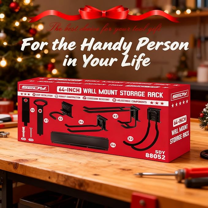 SEDY 64" Heavy Duty Garage Storage Tool Organizer Wall Mount - Tool Rack with Adjustable Hooks, Anti-Rust, 300lbs Capacity - Easy Installation (4 Racks, 10 Hooks, 3 Straps)