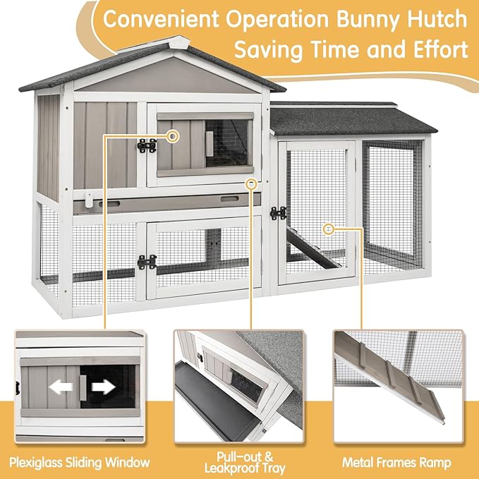 Rabbit Hutch Indoor Outdoor 57 "L Bunny Hutch with Pull Out Tray,2 Story Wooden Rabbit Cage with Asphalt Roof,Guinea Pig Cage with Ventilation Doors,Ramp for Small Animals(Grey)
