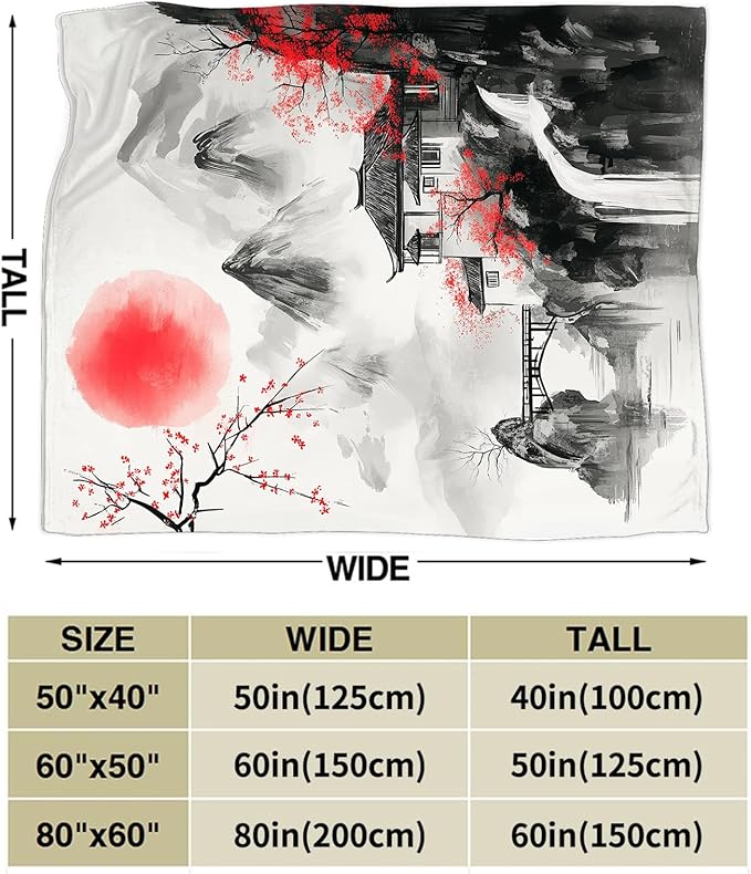Japanese Throw Blanket Splash Red Cherry Blossom Gifts for Girls Women Men Boys Plush Cozy Flannel Fleece Fuzzy Landscape Blankets 60"X50"