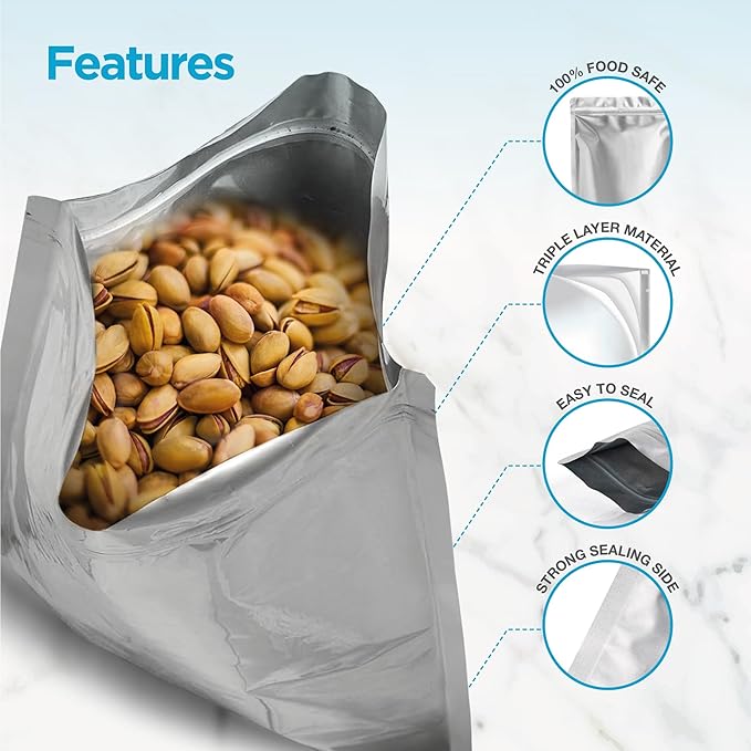 20 Pcs 5 Gallon Mylar Bags With Oxygen Absorbers - 11 Mil Thick - With Sticker Labels and Closure Clip - Smell Proof, Zipper Closure Heat Resealable Large Mylar Bags For Food Storage