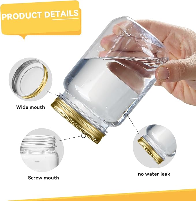 novelinks 16 oz Clear Plastic Jars with Screw-On Lids - BPA-Free Refillable Storage Containers for Slime, Food, Crafts, Kitchen & Household Use (20 Pack,Gold)