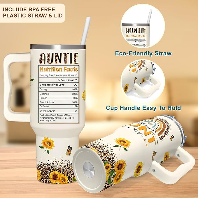 Gifts for Aunt, New Aunt, Auntie Gifts from Niece, Nephew - Christmas, Birthday, Mothers Day Gift for Auntie - 40oz Sunflower Tumbler With Handle & Straw