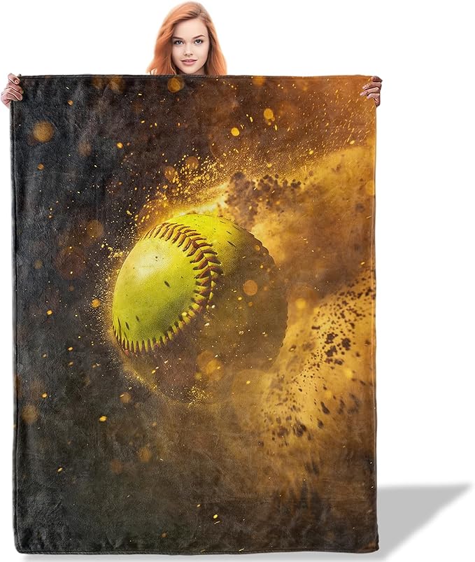 Softball Throw Blanket 60"x80", Sports-Themed Blankets for Game Room Bedroom Decor, Soft Flannel Polyester Warm Cozy Gifts for Kids Adults