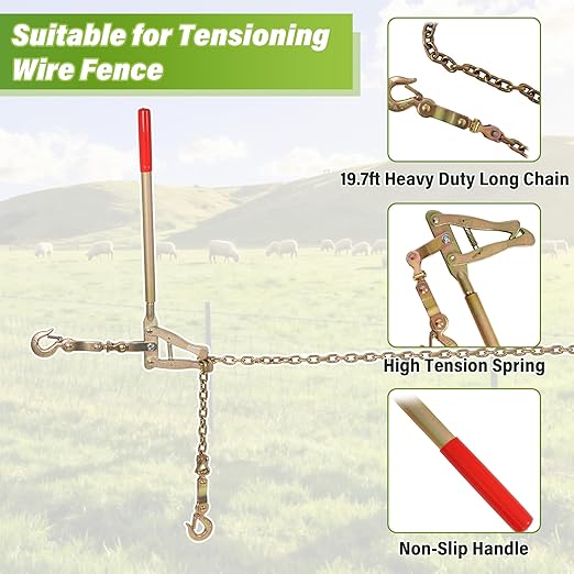 AIWFL 2 PCs Chain Link Fence Stretcher Tool with 19.7FT Chain, Heavy Duty Steel Fence Puller Stretcher Wire Tensioner, 2200lbs Capacity Barbed Wire Fence Bar Puller for Farm, Ranch, Fence Repair