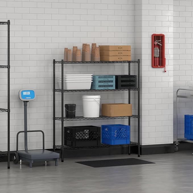 Commercial NSF Listed Black Epoxy Stationary Wire Shelving Kit 12" x 48" x 54", with 4 Shelves Perfect for Warehouse, Walk-in Refrigerator, Freezer, Grocery Store, Restaurant, Dishroom