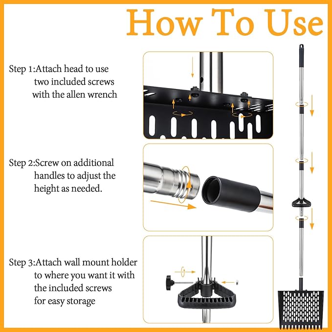 Chicken Poop Scooper and Rake 2-in-1 Metal Coop Scooper 15 to 65" Adjustable Stainless Steel Handle, with Small Net Shovel and Gloves Chicken Coop Goat Stall Stable Cleaning Tools