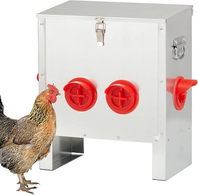 Automatic Chicken Feeder 25lbs, Galvanized Metal Chicken Food Dispenser, Rainproof & Rodent Proof No Waste Poultry Feeder for Backyard Coop, Farm, Ducks & Hens (4 Ports)