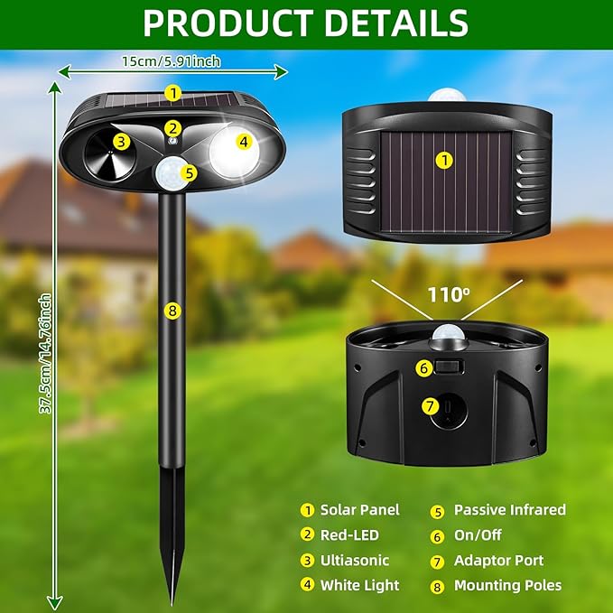 Upgraded Solar Animal Repellent Outdoor Deer Repellent Devices Cat Deterrent with Motion Sensor & Flashing Light,Ultrasonic Control for Squirrel Raccoon Dog Rabbit Skunk for Yard Garden, 2 Pack Black