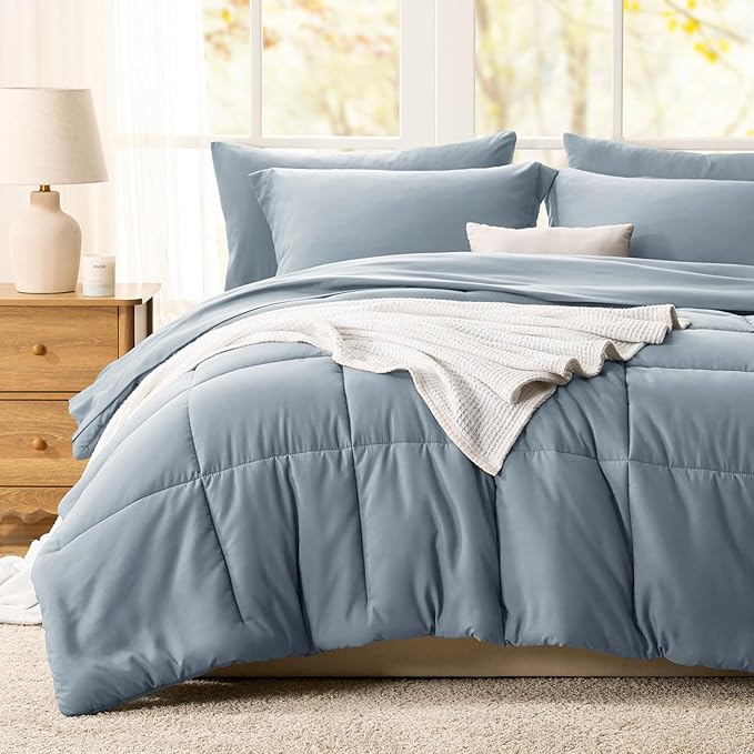 CozyLux Queen Comforter Set Grayish Blue, 7 Pieces Bed in a Bag Queen, All Season Breathable Bedding Sets,Oeko-Tex Certified Bed Set with Down Alternative Comforter, Sheets, Pillowcases & Pillow shams