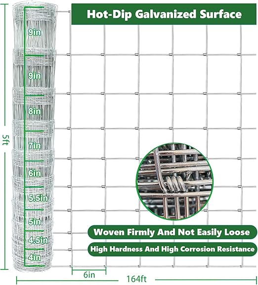 Cattle Panel for Deer Fence, Goat Fence, Cattle Fence - 5ft x 164ft 14Gauge Galvanized Steel Wire Panels for Horses, Deer Control and Large Livestock, Field Fence Roll, Farm Yard Barrier