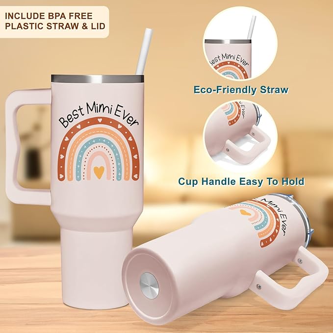 Best Mimi Ever Gifts - Mimi Gifts from Grandchildren - Mothers Day, Christmas, Birthday Gift for Grandma - 40Oz Tumbler with Handle for New Grandma