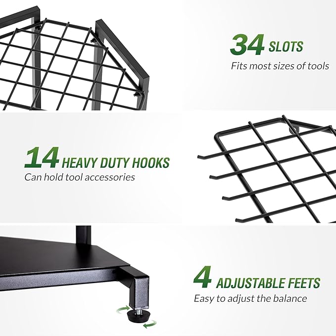 Garden Tool Organizer for Corner - Heavy Duty Metal Rack with 34 Storage Compartments & 14 Hooks for Shovels, Rakes, Long-Handled Tools, Ideal for Garden, Shed, Garage Storage