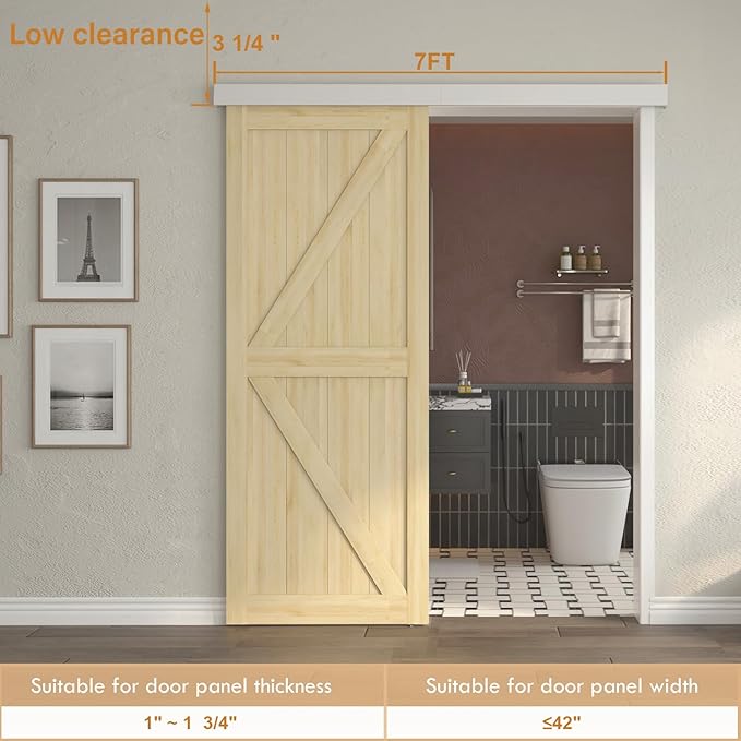 7FT Sliding Barn Door Hardware, Low Clearance Aluminium Alloy Box Rail Hardware for Wooden Barn Door, Interior Barn Door Track, Easy to Install