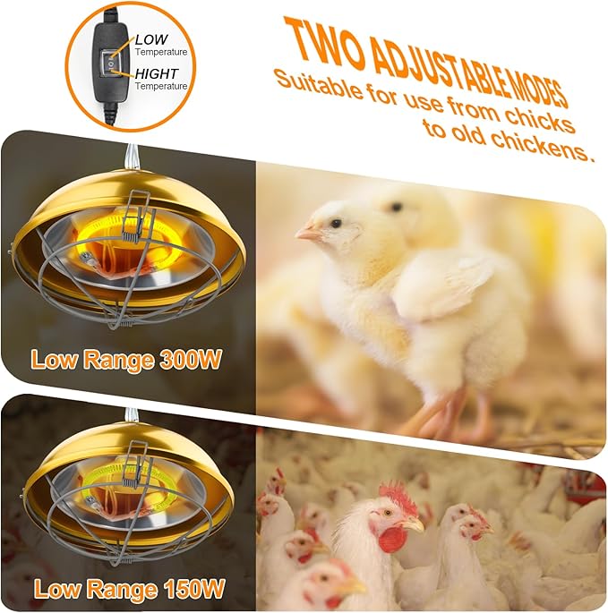Heat Lamp for Chicken Coop, 300 Wattschicken coop heater with Adjust 2 Mode temperature &Hanging Height, Waterproof,ForIndoor & Outdoor Used, Suitable for Amphibians,Chick, Duck,Pets (300W)