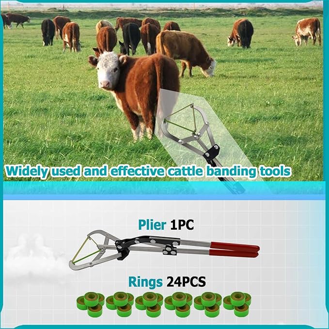 Cattle Banding Tool, Expander Plier with 24Pcs Rings, for Calves Sheep Goats Big Animal Livestock in Farm and Ranch