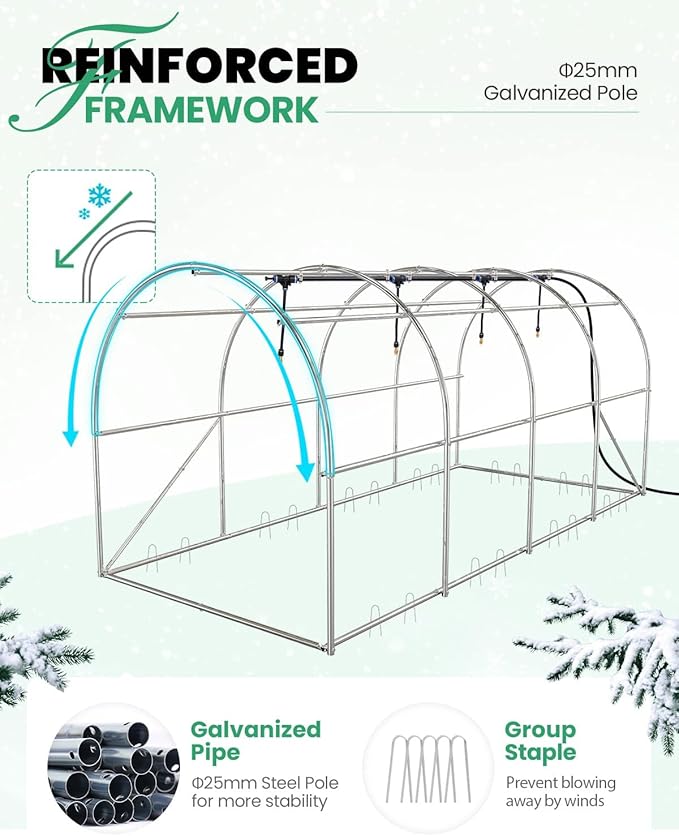 KING BIRD Premium 15x6.6x6.6FT Greenhouse for Outdoors, Large Walk-in Heavy Duty Galvanized Steel Frame, Mesh Door Screen Window Tunnel Hoop Garden Plant Winter Hot House, with Watering Kits, Green