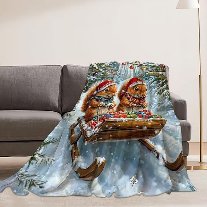 Christmas Squirrel Blanket Cute Animal Throw Blankets Gifts for Girls Boys Kids Squirrel Lover Soft Cozy Fleece Plush for Couch Sofa Bed 50"x40"