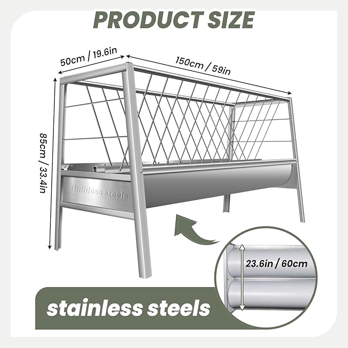 2-in-1 Goat Hay Feeder, Stainless Steel Livestock 90 Gallon Hay Feeder with 30 Gallon Feeding Pan, Detachable Hay Rack for Sheep, Cow & Horse, Easy to Assemble, Silver