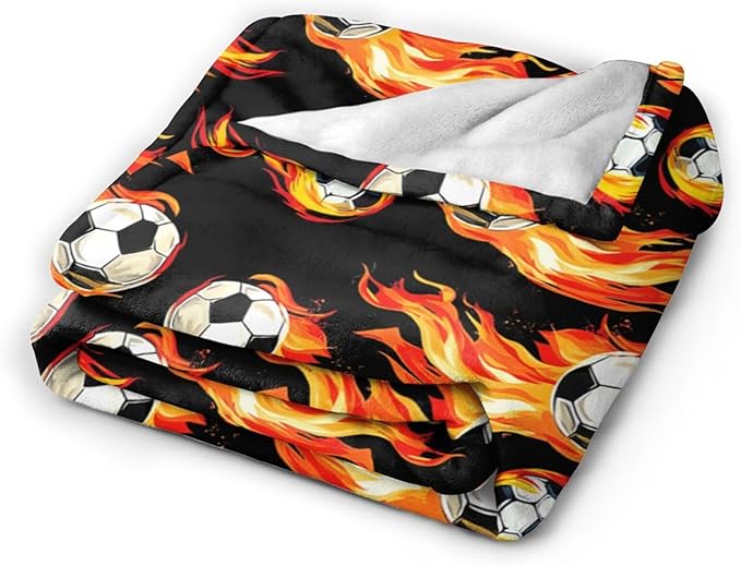 Soccer Blanket Gifts for Boys Girls Soft Warm Plush Soccer Fire Throw Blanket Flannel Fleece Fuzzy Sports Blanket for Kids Lovers Bed Couch Living Room Decor 60"X50"