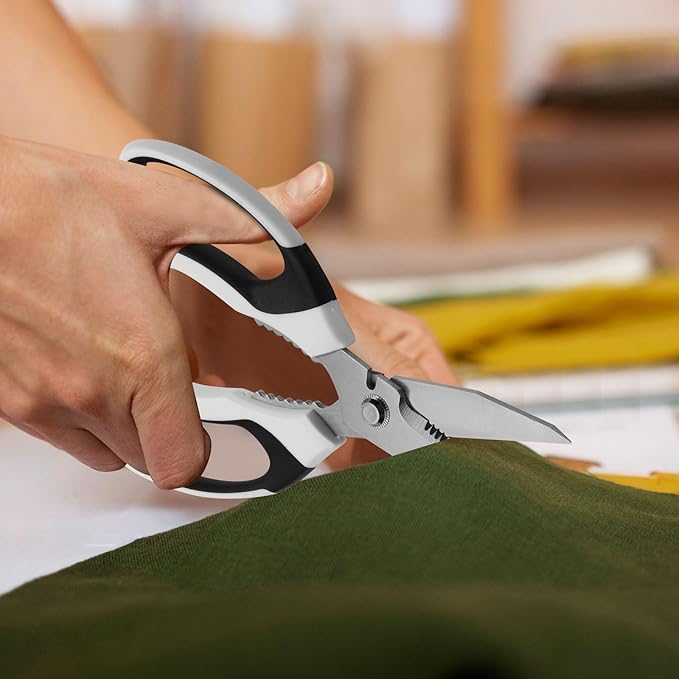 8-Inch Utility Scissors All Purpose Heavy Duty, Serrated Blade, White Comfort Grip for Cutting Carpet, Cardboard, Leather, Fabric, Multipurpose Sharp Shears for Kitchen, Garden, Office, Carft