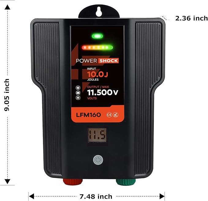 Electric Fence Charger AC DC Powered 65 Miles 200 Acres, 110 Volt 2 Joule Plug-in Electric Fence Energizer, Output Voltage Max 12 kV for Livestock, Preventing Predators from Intruding