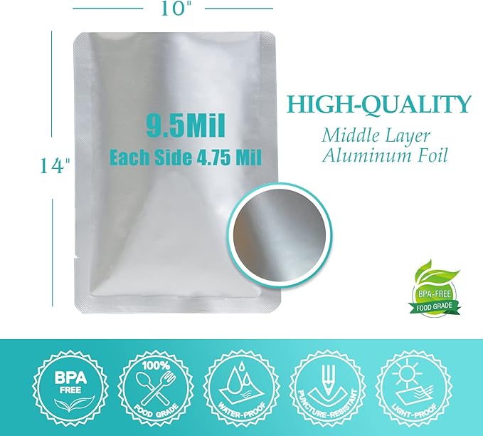 50pcs 1 Gallon Mylar Bags for Food Storage with Oxygen Absorbers 400CC (6 Packs of 10pcs) and Labels, 9.5 Mil 10"x14" Vacuum Sealer Bags Heat Sealable Bags for Long Term Food Storage(Extra Thick）