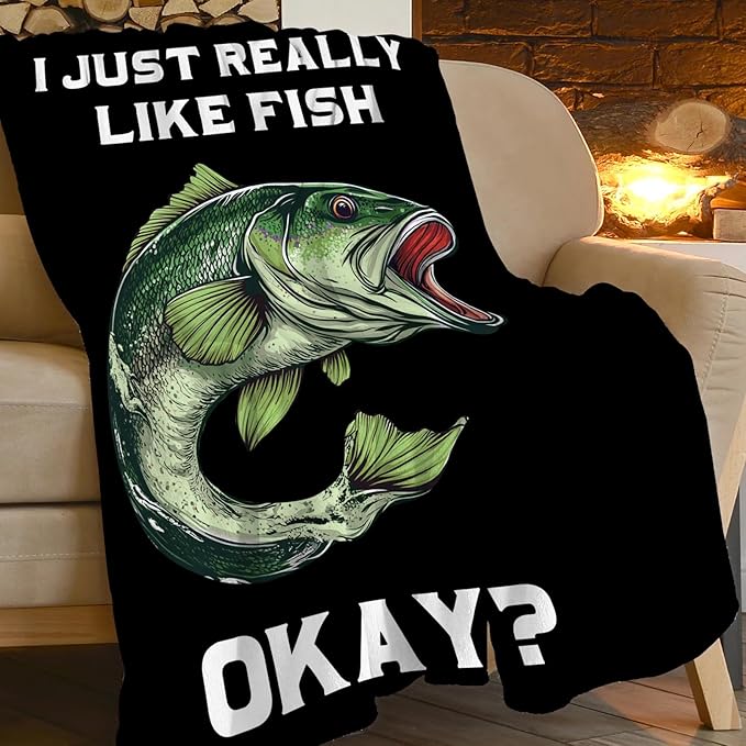 Fish Blanket Super Cozy Soft Bass Fishing Throw Blanket Gifts for Fisherman Men Warm Plush Fluffy I Just Really Like Fish Stuff Gifts Fleece Flannel Gift Blankets for Kids Adults 80"X60"