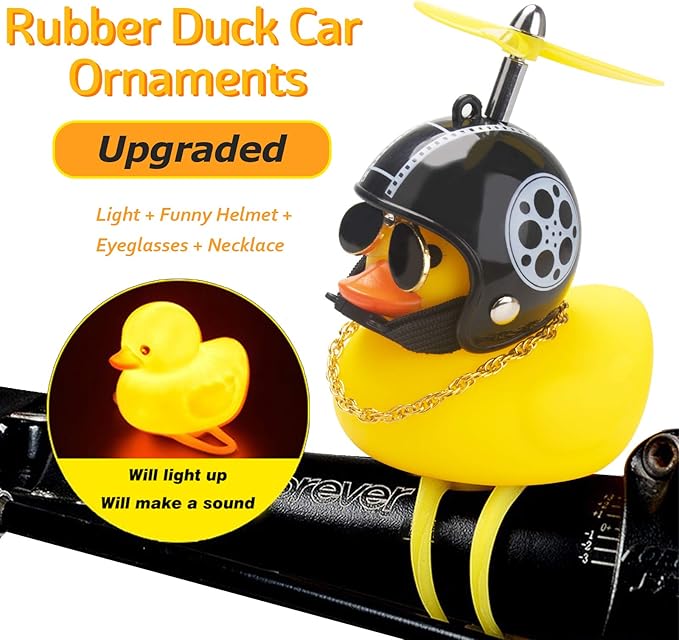 wonuu Rubber Duck Toy Car Ornaments Yellow Duck Car Dashboard Decorations Squeeze Duck Bicycle Horns with Propeller Helmet
