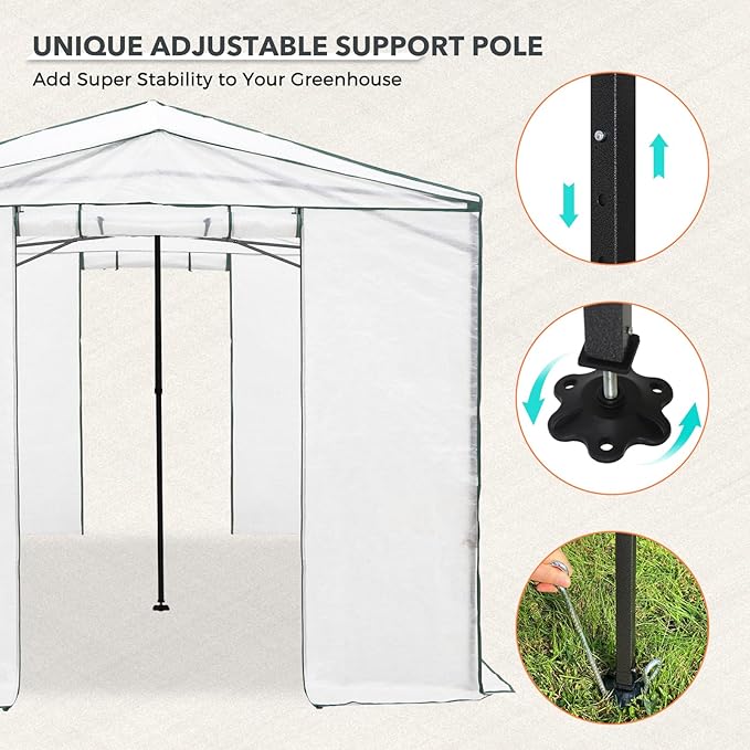 EAGLE PEAK Instant Pop-up Greenhouse, Indoor Outdoor Plant Gardening Green House, Roll-Up Zipper Doors and Side Windows & Winter Support Pole, Heavy Duty Walk in 12x8 ft, Woven PE Cover, White