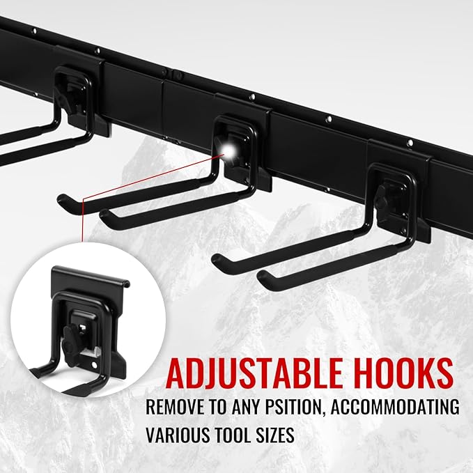 Garage Organization Wall Mount,96inch Garden Tool Organizer with 6 Clamping Hooks, Heavy Duty, Garage Hanging Storage Rack for Yard Tools, Shovel, Shed, Hold Up to 420lbs (96Inch Black)