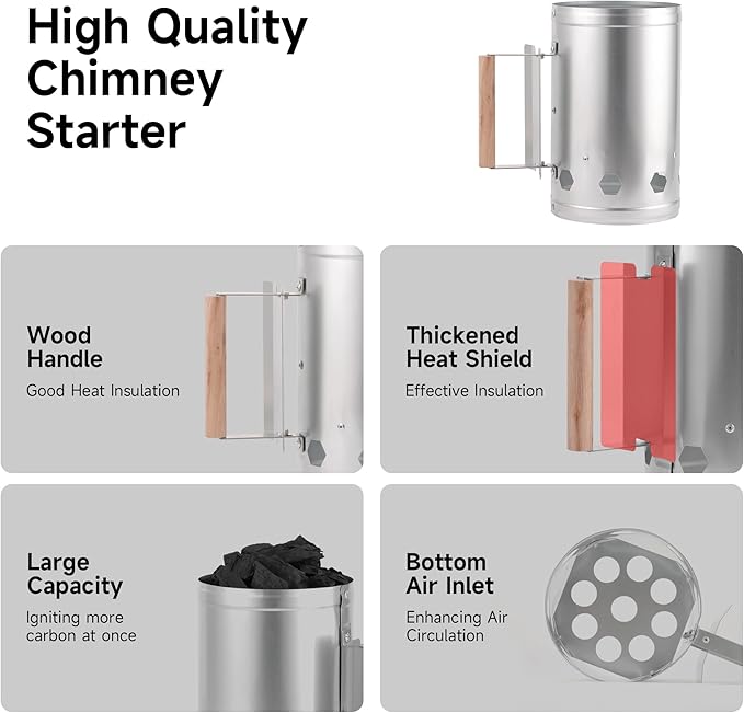 WILLBBQ Charcoal Chimney Starter, Heavy Duty Premium Chimney Starter for Charcoal Grills BBQ Accessory with Heat Resistant Wooden Handle for Outdoor Grill Camping (‌Silvery)