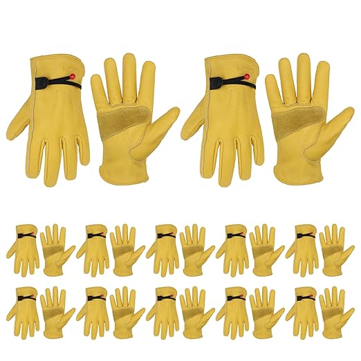 HANDLANDY HLDD 12 Pairs Cowhide Leather Work Gloves with Reinforced Palm for Men & Women (Yellow-12pairs, Large (Pack of 12))