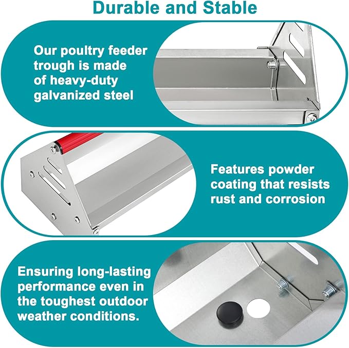 Chicken Feeding Trough 45", Heavy Duty Galvanized Steel Feeder with Drainage Holes & Crossbar, Poultry Feeder Trough for Chicken, Duck, Geese, Turkey, Rabbit and Pigeon